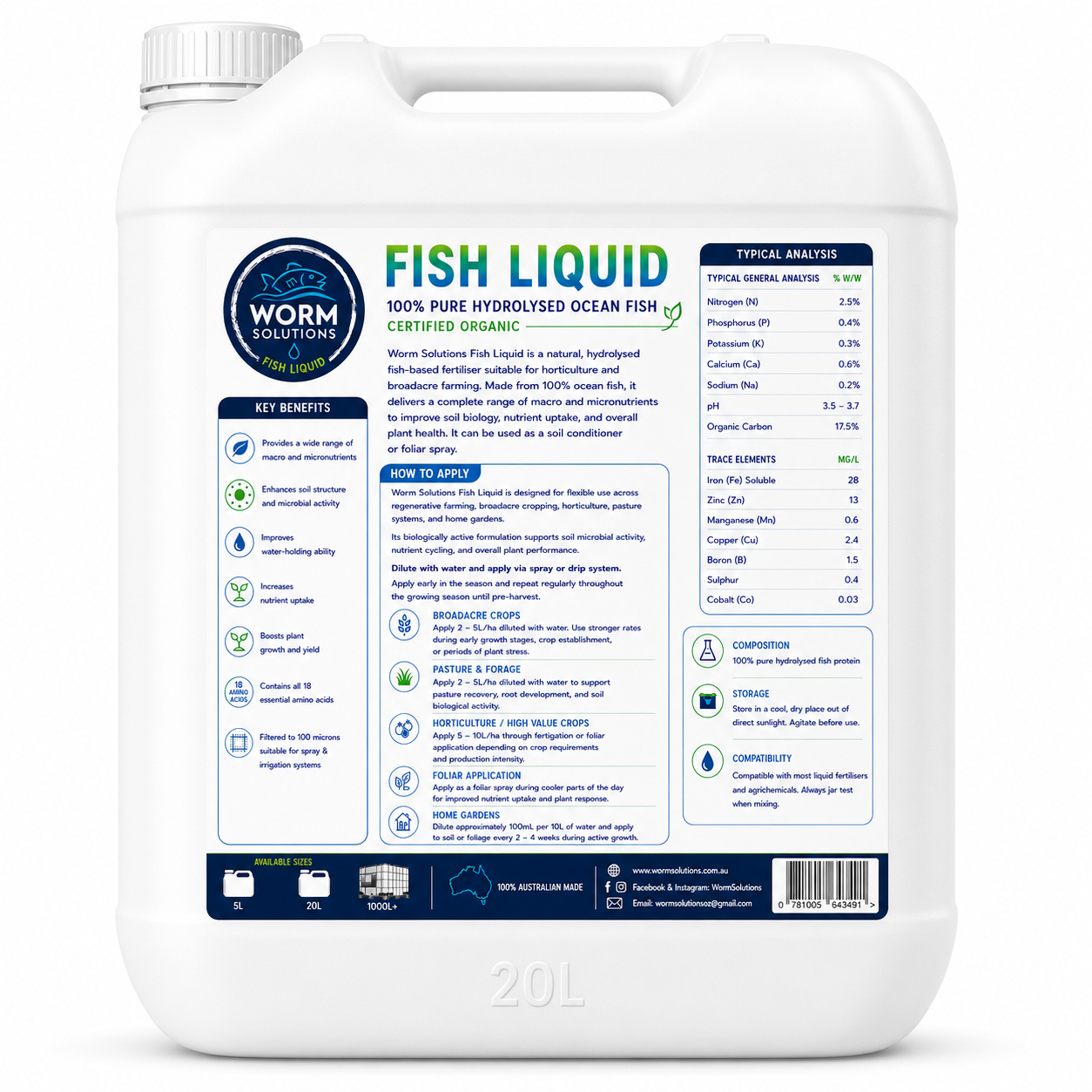 20 Litre Worm Solutions Liquid Fish Hydrolysate: ORGANIC CERTIFIED: #SHIPPING INCLUDED IN PRICE#