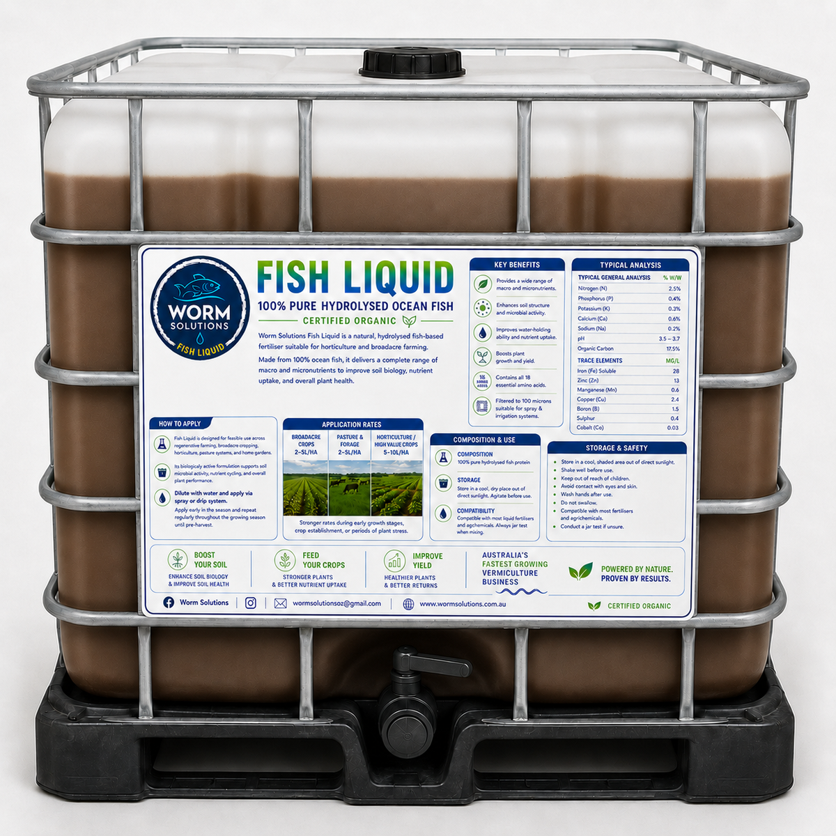 1000L Worm Solutions Liquid Fish Hydrolysate: ORGANIC CERTIFIED..