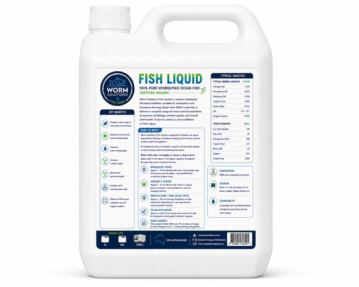 5 Litre Worm Solutions Fish Liquid Hydrolysate: ORGANIC CERTIFIED #SHIPPING INCLUDED IN PRICE#